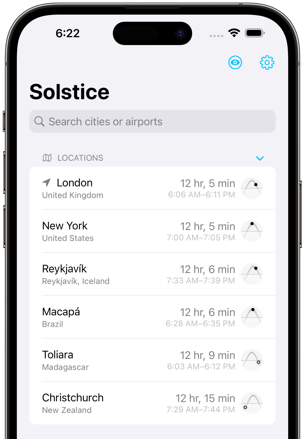 Solstice’s new list view, showing multiple locations and their daylight summaries