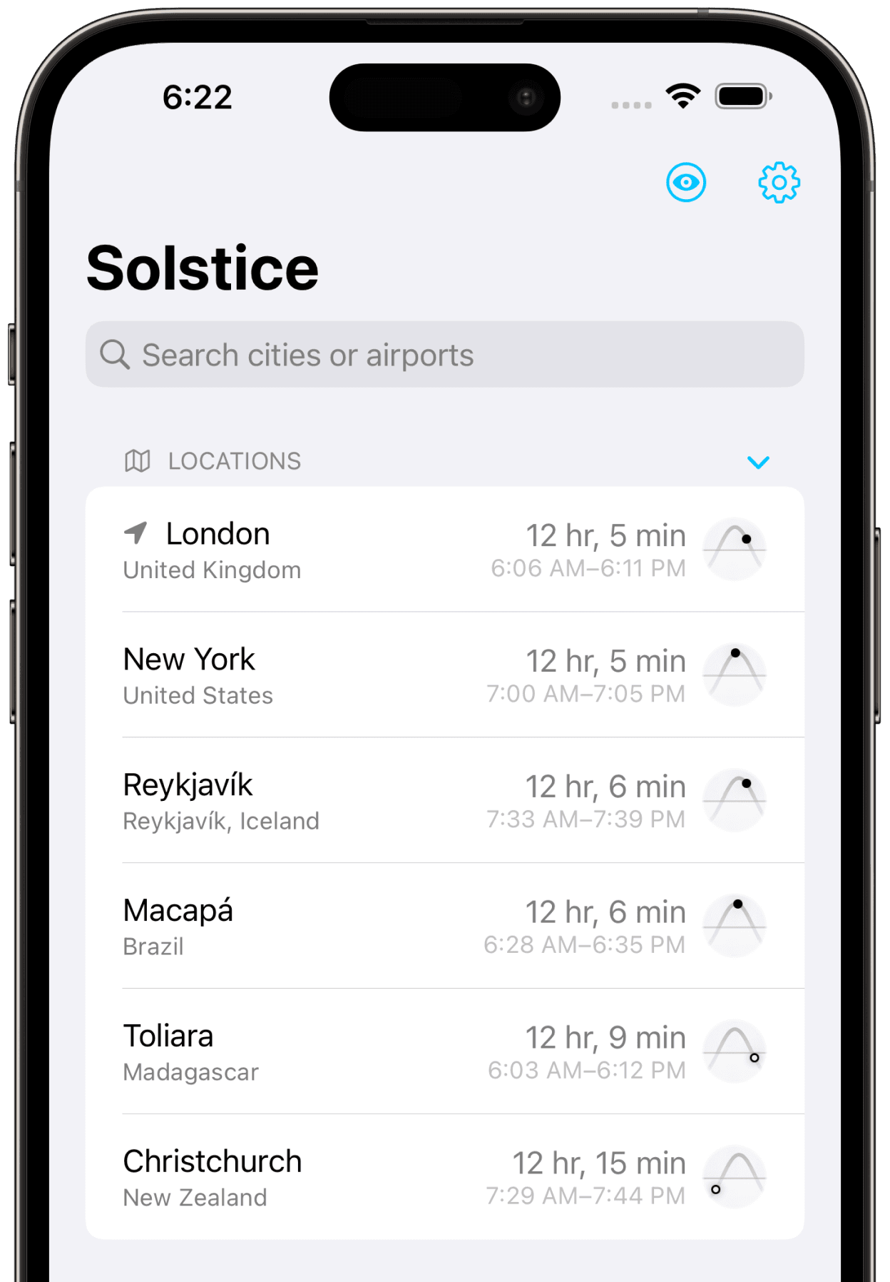 Solstice’s new list view, showing multiple locations and their daylight summaries